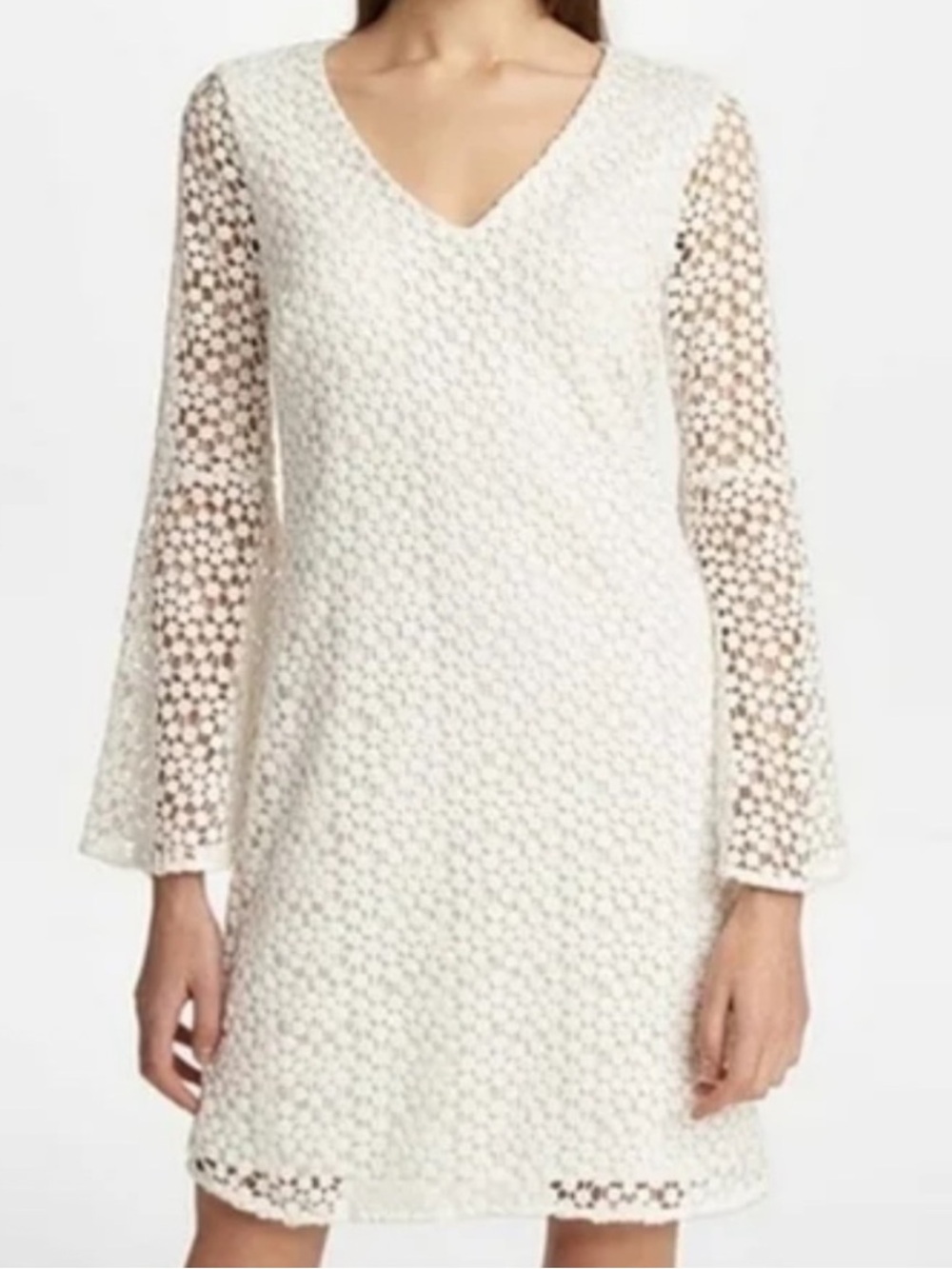 Karl Lagerfeld Paris White Eyelet Lace Bell Sleeve Dress V-Neck Bridal Size 8